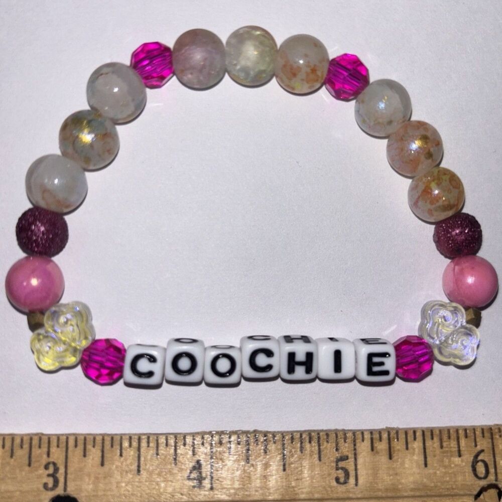 Coochie Beaded Stretch Bracelet Pink Purple Y2K Handcrafted Adult Humor Jewelry